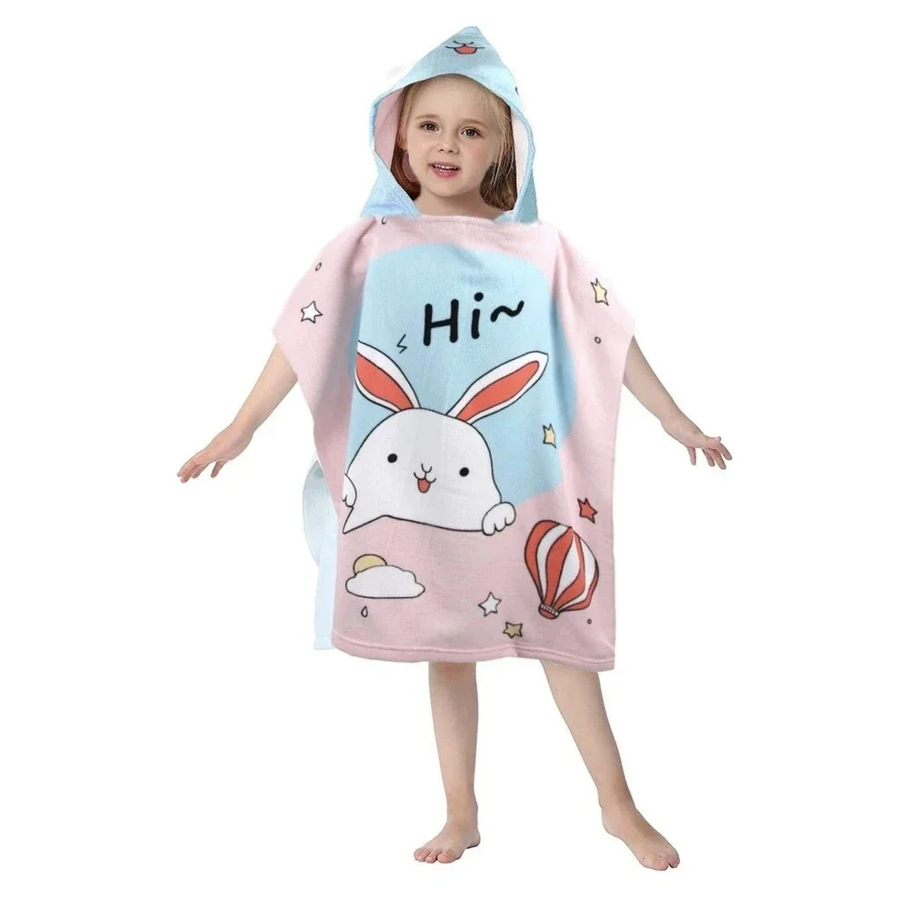 Kids Bunny Hooded Towel Pink Blue Microfiber Kawaii Rabbit Bath Beach Poncho 008